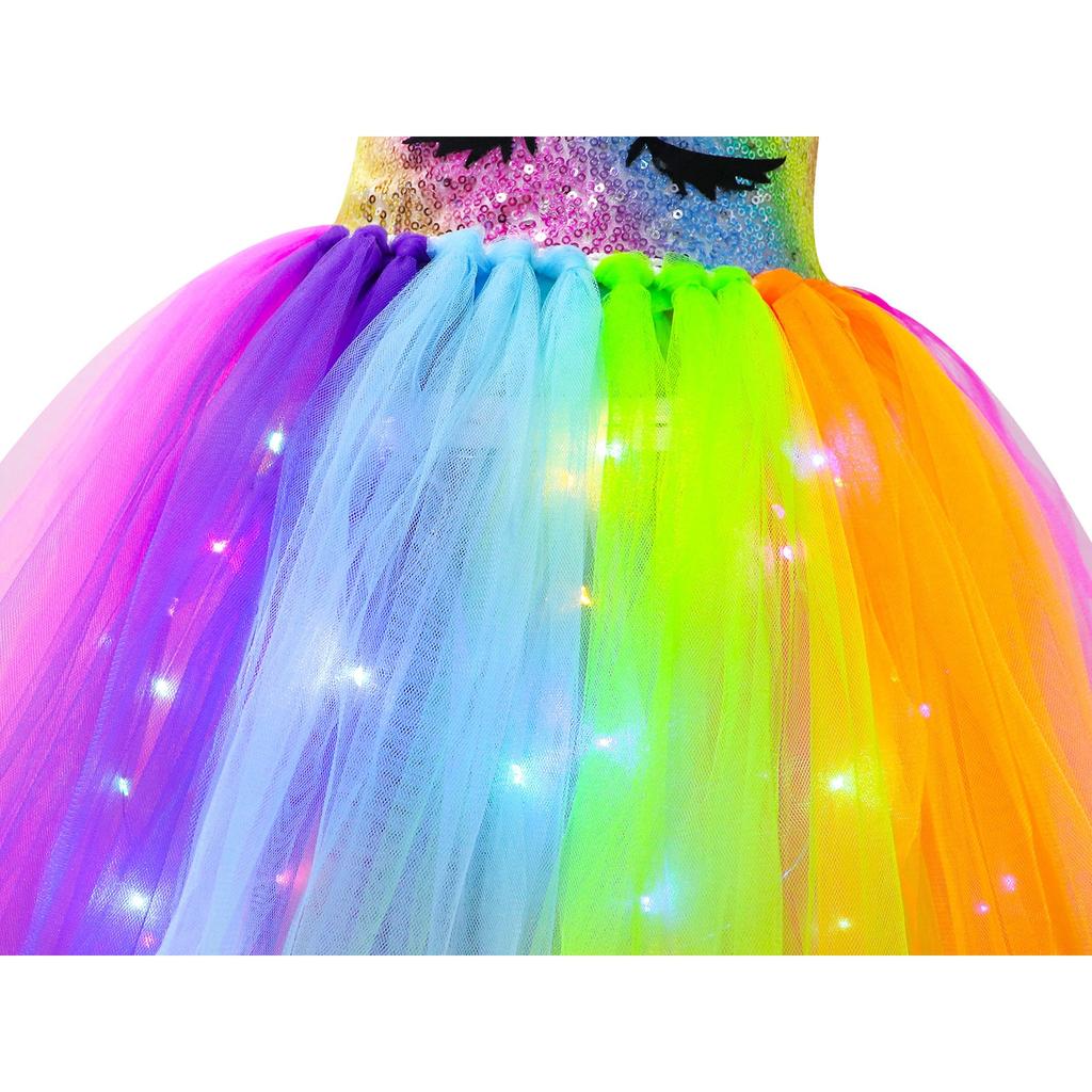 Rainbow Unicorn Tutu Dress,Glowing Sparkle, Christmas Party Dance Princess, Multicolor, 6-7 Years