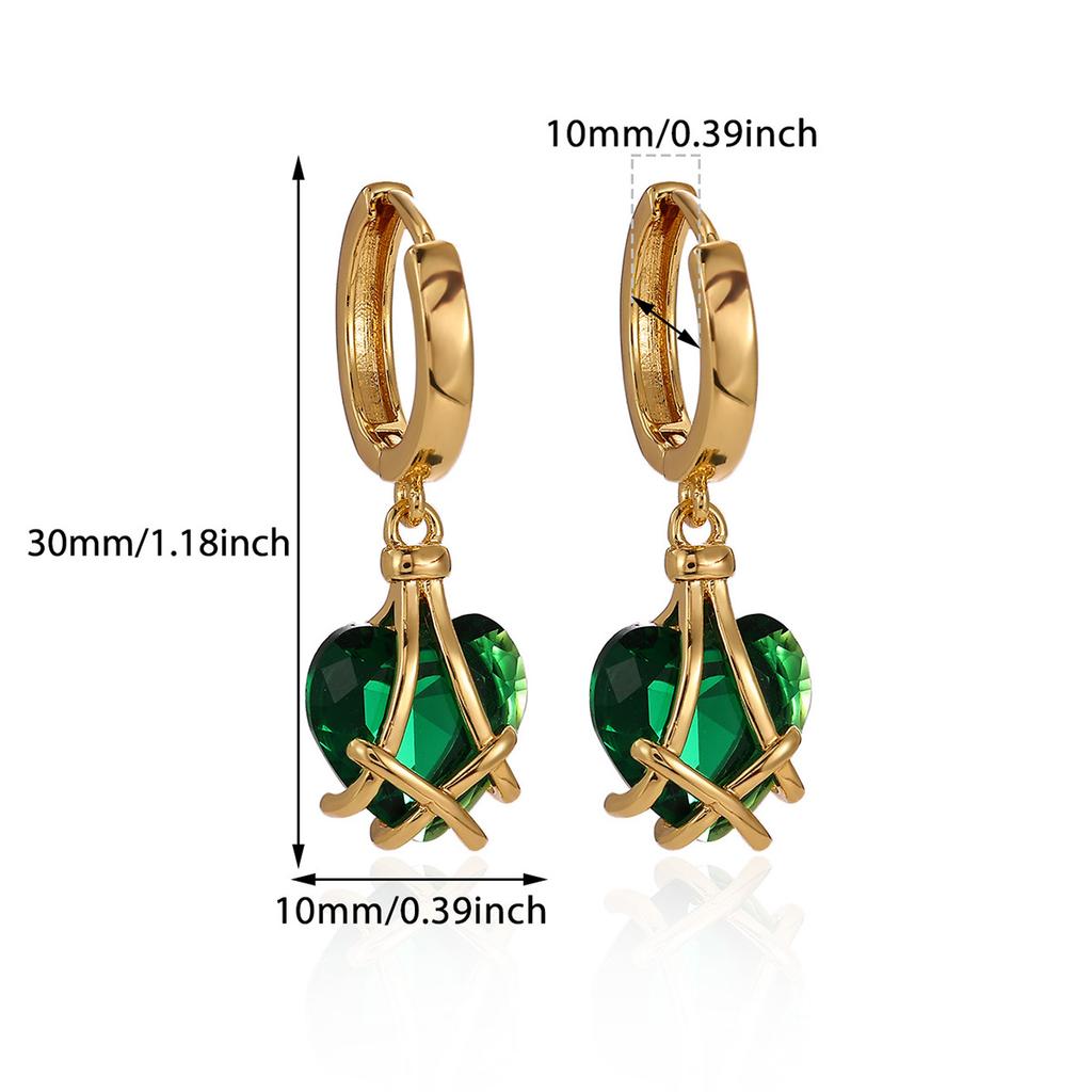 Emerald Green Heart Dangle Hoop Earrings For Women 18-K Gold Plated Love Huggies Earring Jewelry Elegant Party Cute New Gifts