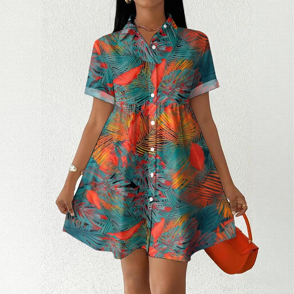 Women's Casual Loose Fit Shirt Dress Button Front Stand Collar Short Sleeve Polka Dot Patterned Dress for Everyday Wear