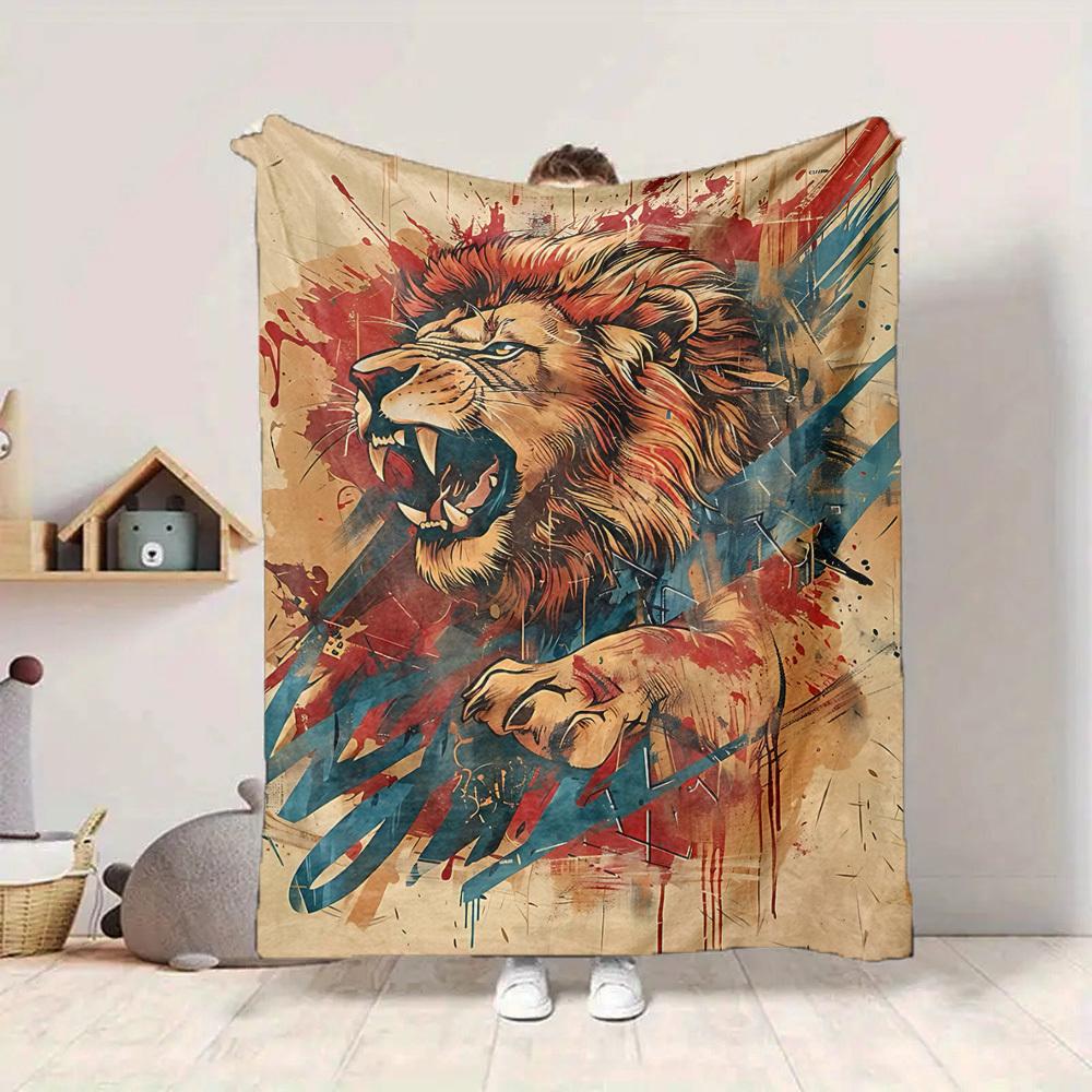 1pc Lion Art Blanket, Lightweight Flannel Throw Blanket for Sofa, Bed, Travel, Camping, Living Room, Office, Couch007