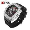 OFNS Men's Waterproof Luminous Quartz Watch - Diamond Inlaid, Three-Window Barrel Shape with Single Calendar.