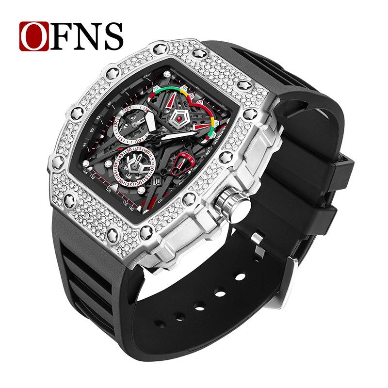 OFNS Men's Waterproof Luminous Quartz Watch - Diamond Inlaid, Three-Window Barrel Shape with Single Calendar.