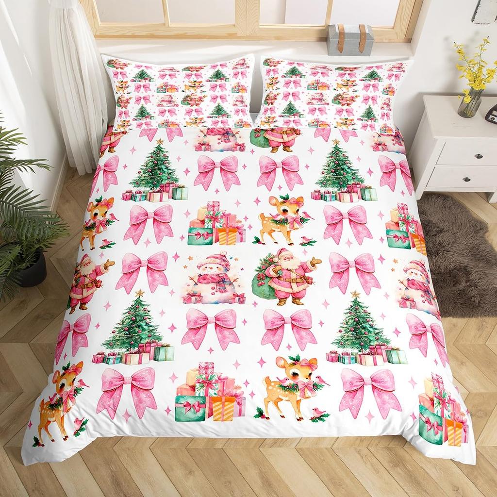 God Jul Sängkläder Rosa Påslakan Full Storlek Julgran Snögubbe Påslakan Drömsk Snöflinga Sängöverkast 3 delar
