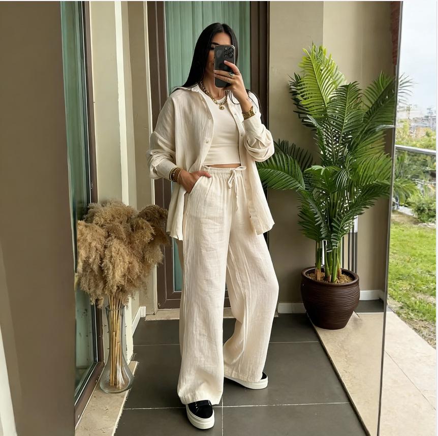 Spring Fashion Women's Plus Size Two-Piece: Linen-Style Shirt & High-Waisted Loose Pants