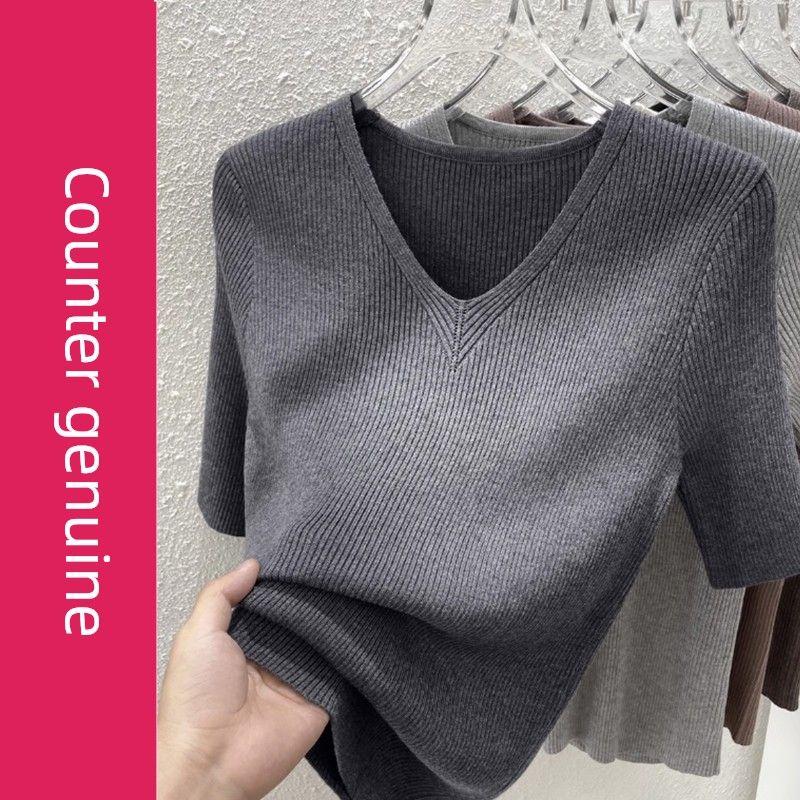 

Plus size women clothing Western Style V-neck Short sleeve T-shirt Women s Summer New Loose Slimming Solid Ice Silk Knitting Top Thin Dark Gray M(Recommended 40-50kg Shots)