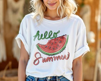 Hello Summer Watermelon T-Shirt Fruit Tee Summer Beach Vacation Unisex A72