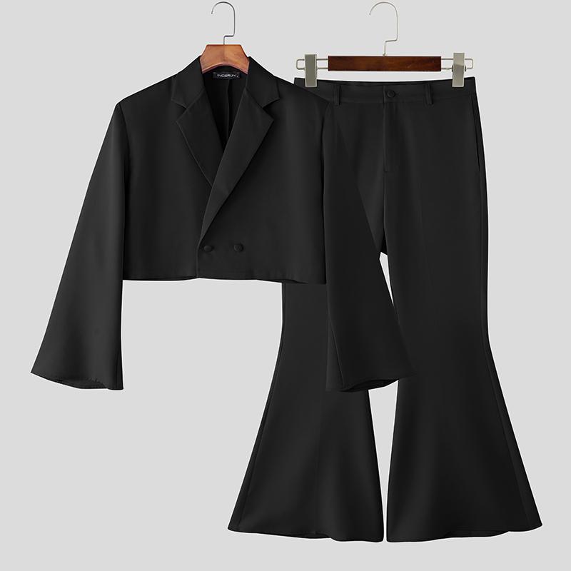 

INCERUN Men Outfits Long Sleeve Cropped Tops and Long Flare Pants Casual Two Pieces Sets M чёрный
