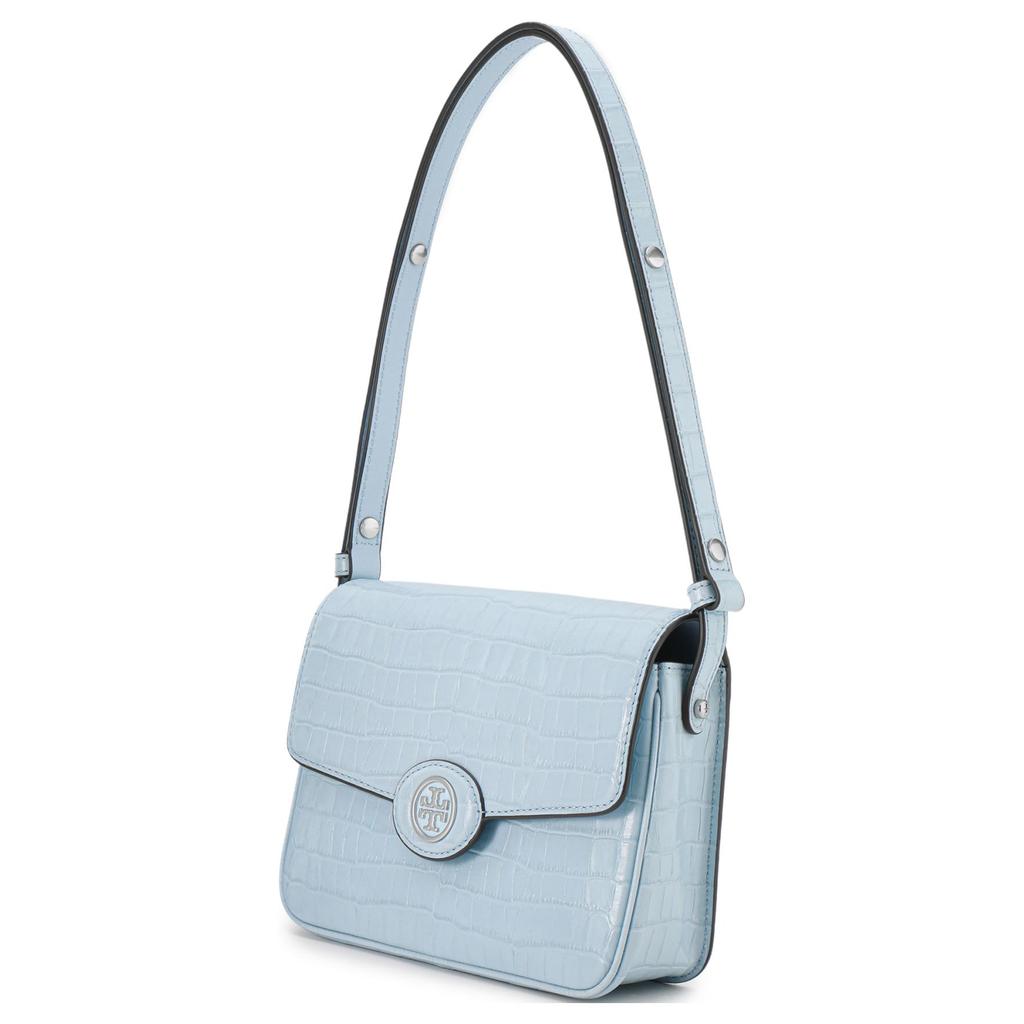 Tory Burch Robinson 21 Magnetic Flap Closure Crocodile Pattern Embossed Leather Handheld Crossbody Shoulder Bag Women Bags Mist-Blue 140610-403