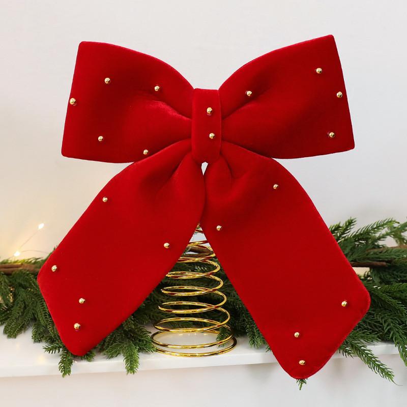 Bow Flannel Red Tree Topper With Embellished Star For Christmas Celebration