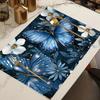4pcs Blue Butterfly & Floral Placemats 12x18 Inch - Elegant Dark Blue Table Mats with White Flowers & Butterflies, Durable Polyester Fabric