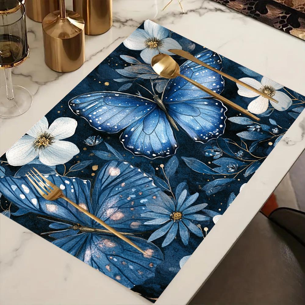 4pcs Blue Butterfly & Floral Placemats 12x18 Inch - Elegant Dark Blue Table Mats with White Flowers & Butterflies, Durable Polyester Fabric