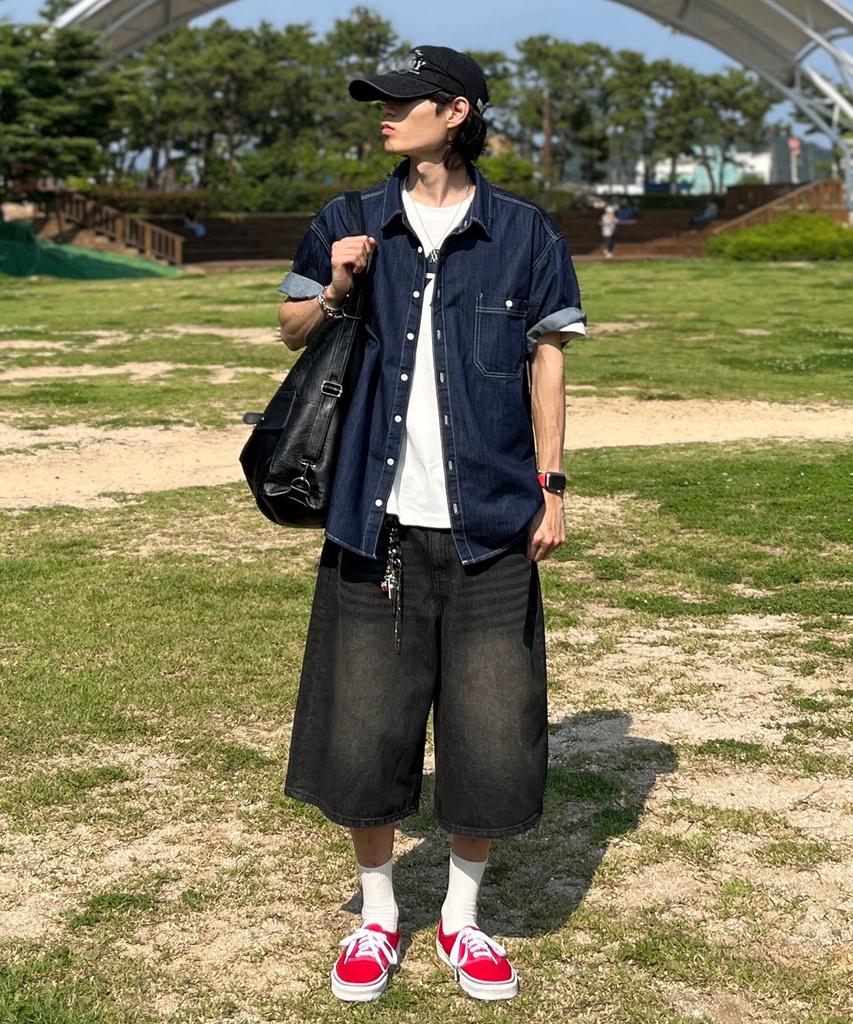 BLOND9 [Set] Pocket Half Denim Shirt + Bermuda Shorts Set