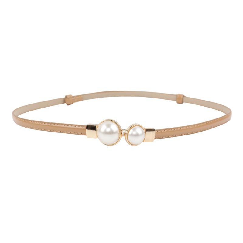 Pearl Black Leather Waist-Cinching Belt for Women - Stylish and Versatile Thin Waistband