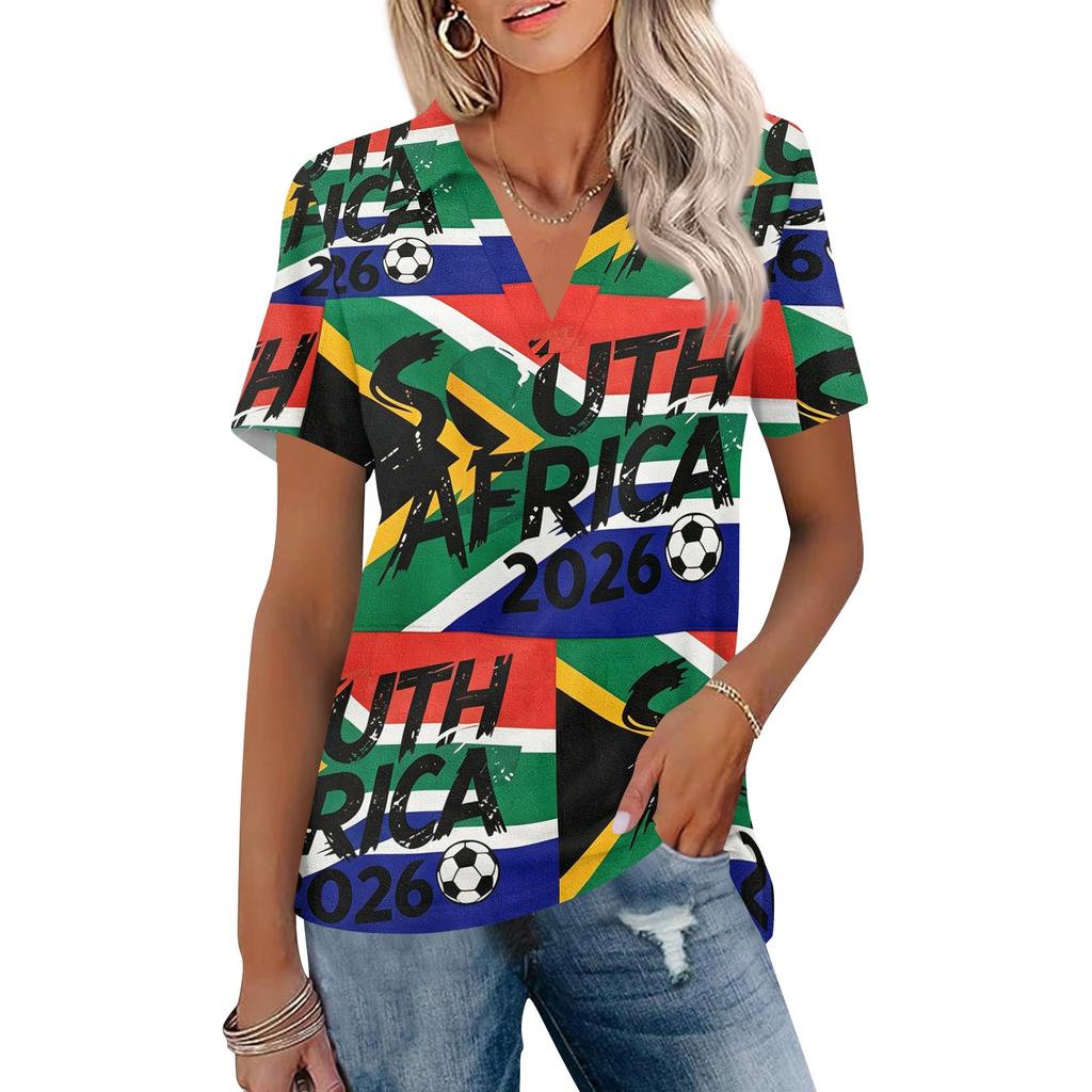 Damen Freizeit V-Ausschnitt Kurzarm Poloshirt mit Fußball-Print und Kragendesign Leichtes Sommeroberteil für den Alltag
