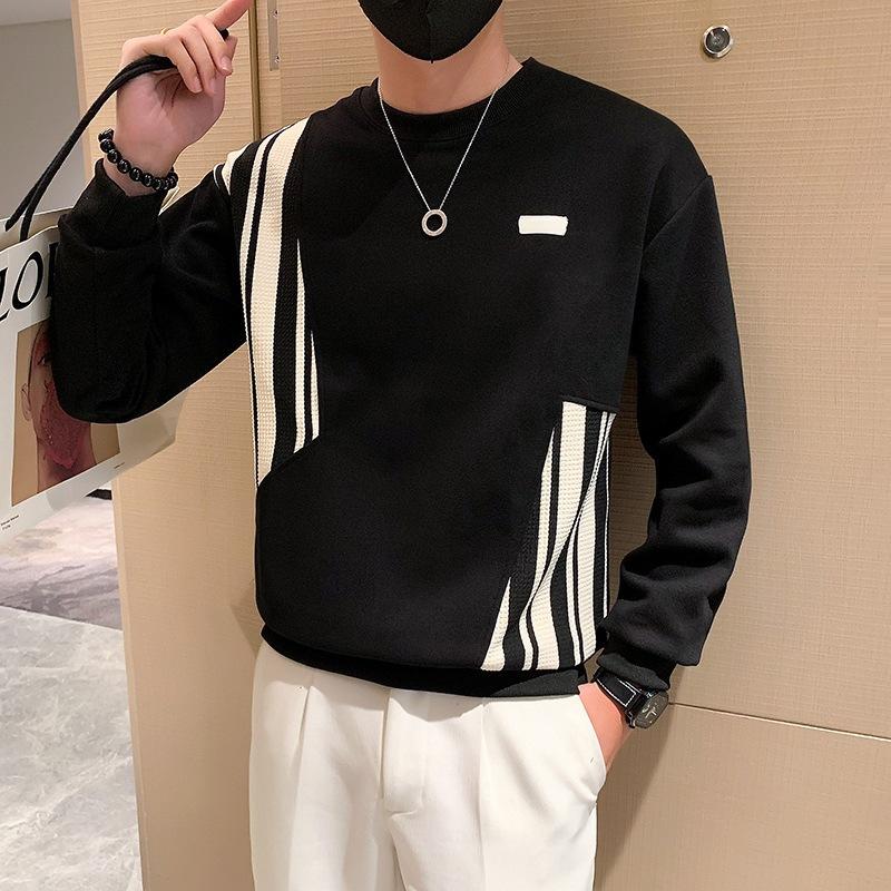 

Men s Crew Neck Sweatshirt Autumn Winter New Casual Long Sleeve Striped Patchwork Pullover Tops L чёрный