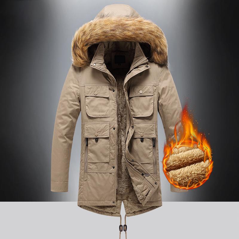 Winter Men's Velvet Thickened Medium and Long Loose Coat Padded Jacket Middle-aged and Elderly Padded Clothes Men's Dad Clothing