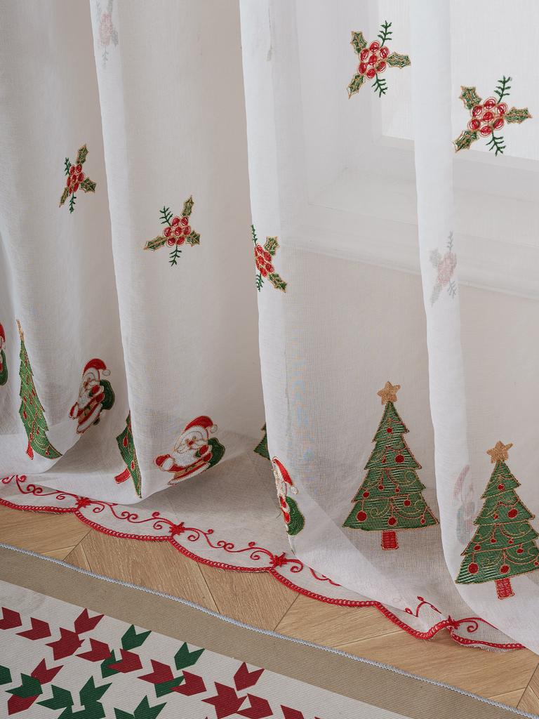 1PC Christmas Santa Claus Embroidered Sheer Pole Curtain for Living Room Bedroom Festive Atmosphere Decorative Window Treatment