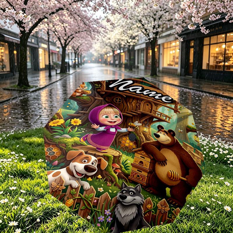 Custom Name Personalized Masha and the Bear Print Umbrella, Auto Open Close, 8‑Rib Sturdy Frame, Commute Camping Hiking Use, Birthday Gift