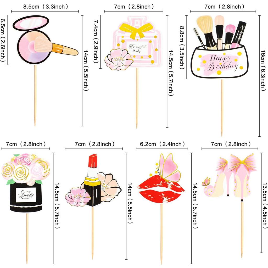 Glitter Makeup Cake Toppers Lipstick Cake Picks Cupcake Decors High Heel Makeup Brushes for Bridal Cosmetics Party Decorations