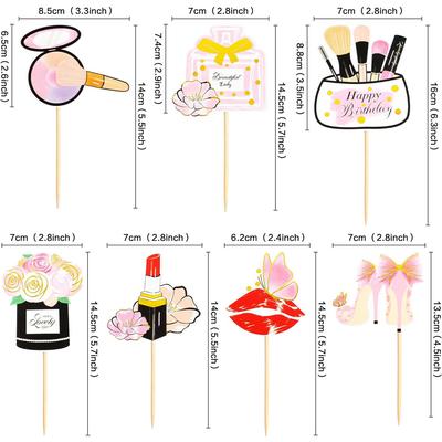 Glitter Makeup Cake Toppers Lipstick Cake Picks Cupcake Decors High Heel Makeup Brushes for Bridal Cosmetics Party Decorations