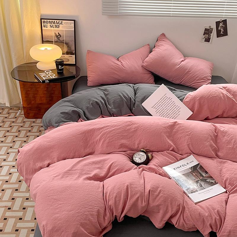 Four-piece Set for Sleeping Naked On Winter Bed, Washed Cotton Sheets, Quilt Cover, Fitted Sheet, Three-piece Set for College Dormitory