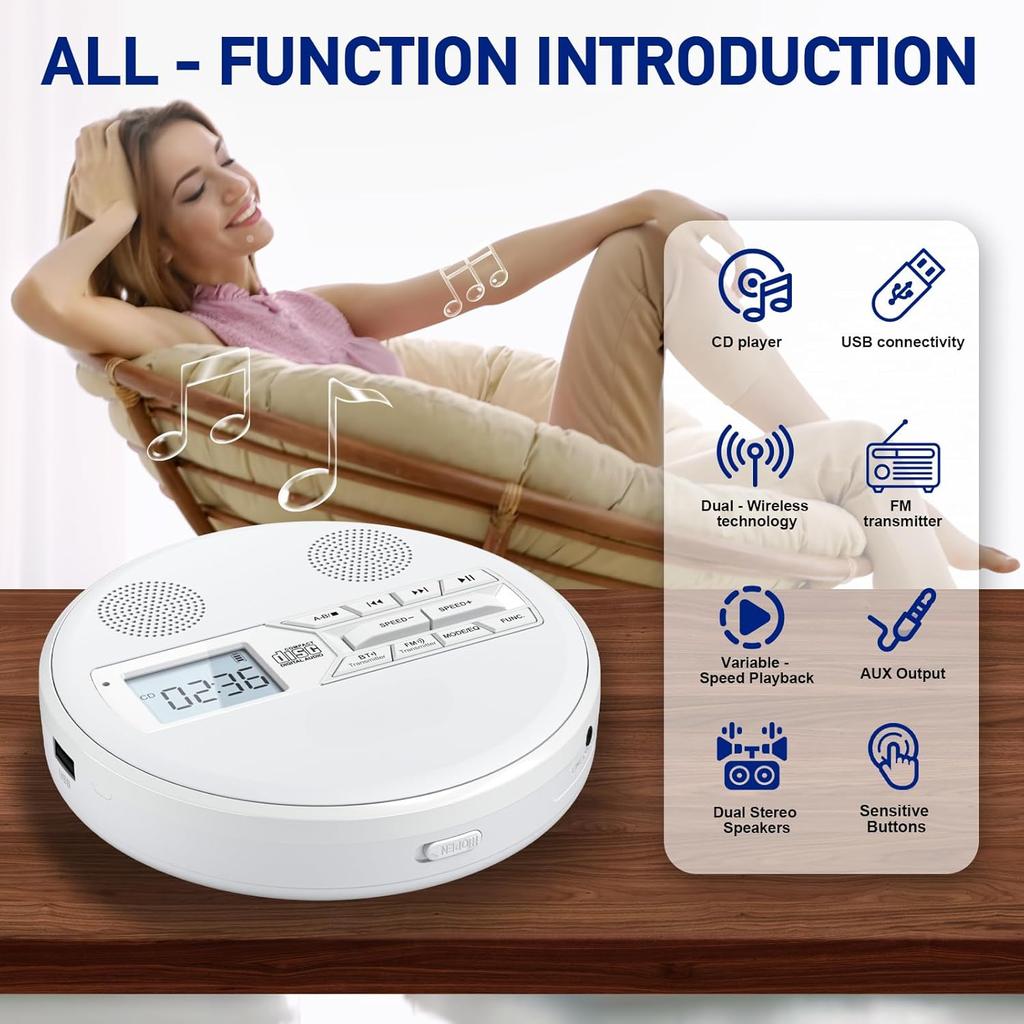 Rechargeable Portable CD Player with Dual Speakers and Anti Skip,Dual Bluetooth,FM Transmission,USB,AUX,LCD Display,Sensitive Button,Repeat,10 Speeds