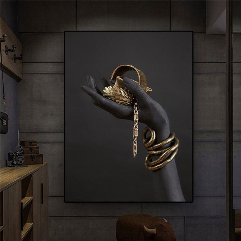 Black Hand With Gold Bracelet Painting On Canvas Modern African Posters Prints Wall Art Pictures for Living Room Home Decor