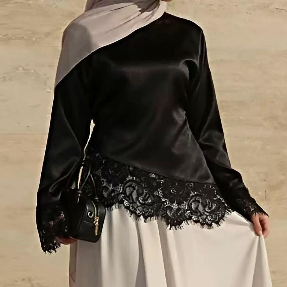 Rundhals Damen Schnür-Oberteile Taillenbetonierender Schlanker Gürtel-Bluse Spitzen-Patchwork Langes Hemd Sommer