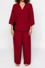 Women's Style Plus Size Claret Red Double Breasted Collar Tied Woven Pajama Set