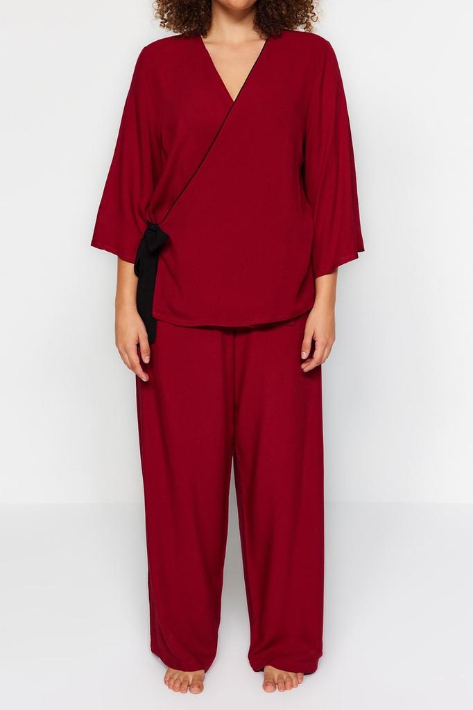 Women's Style Plus Size Claret Red Double Breasted Collar Tied Woven Pajama Set