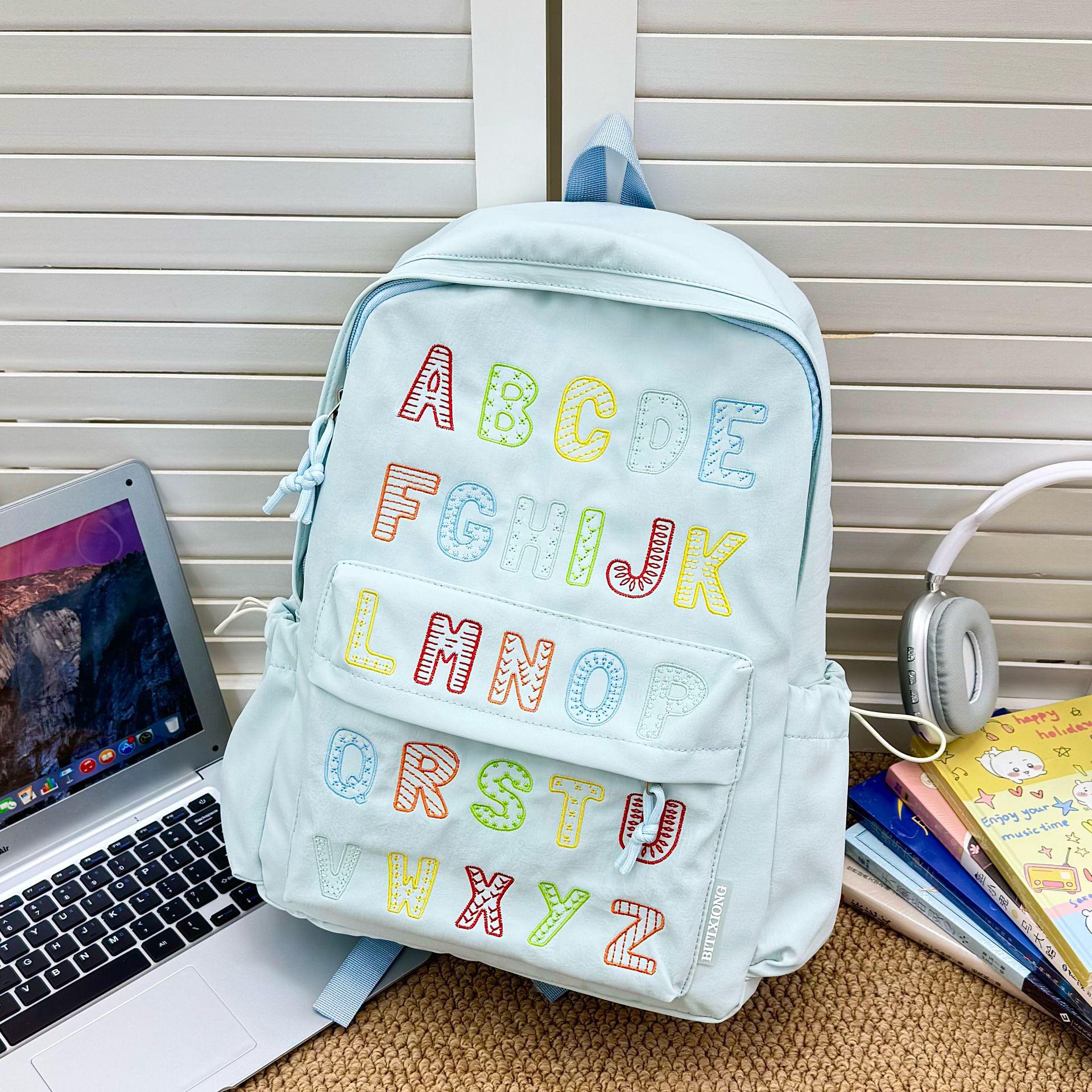 Японский вышитый рюкзак: Большая двухлямочная сумка для девочек-подростков и старшеклассниц, корейский дизайн с буквами 15 inches синий