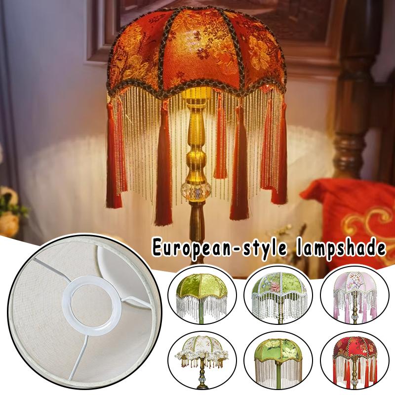 European Tassel Lampshade Cloth Retro Exquisite Pattern Lamp Cover E27 Retro Table Bedroom Decoration American Rustic Lamp Cover