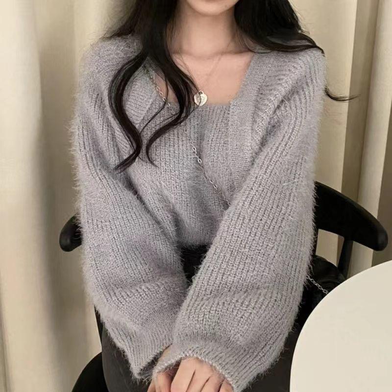 

Пуловер Жіночий корейський шикарний осінь/зима Французька підробка В’язаний светр з квадратним вирізом із двох частин, вільний светр з довгими рукавами Пуловер One Size сірий колір