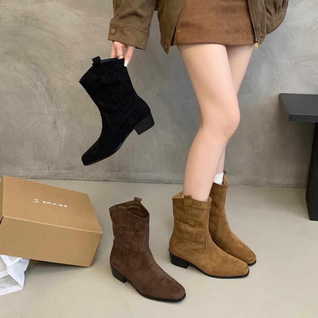 French Square Head Mori Western Boots 2025 Autumn and Winter New Versatile Simple V-mouth Thick Heel Thin Short Boots
