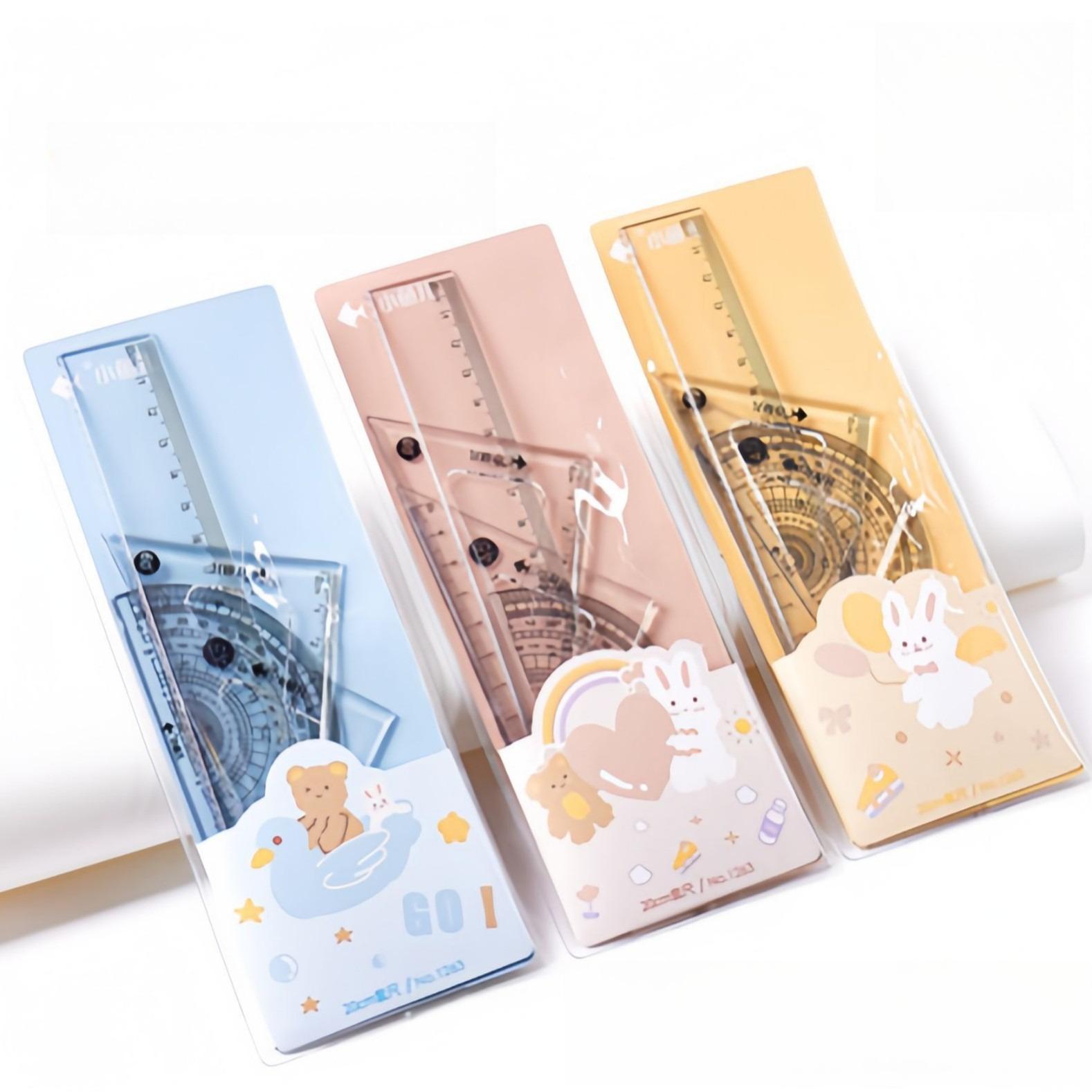 Soft Ruler 4-Piece Set, Bendable Ruler 20cm Children s Protractor, Stationery for Primary School Students, Cute Compass Ruler