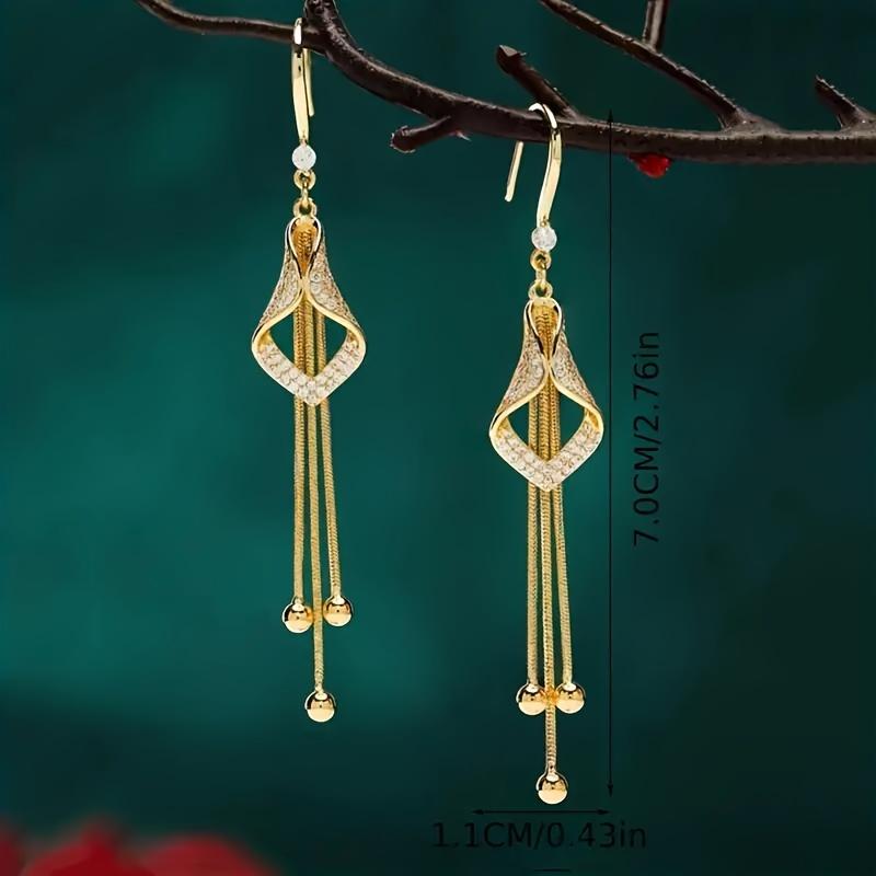 Eleganckie kolczyki z kryształowymi frędzlami, długie kolczyki z drapowanego stopu ze sztucznymi cyrkoniami, miedziane sztyfty