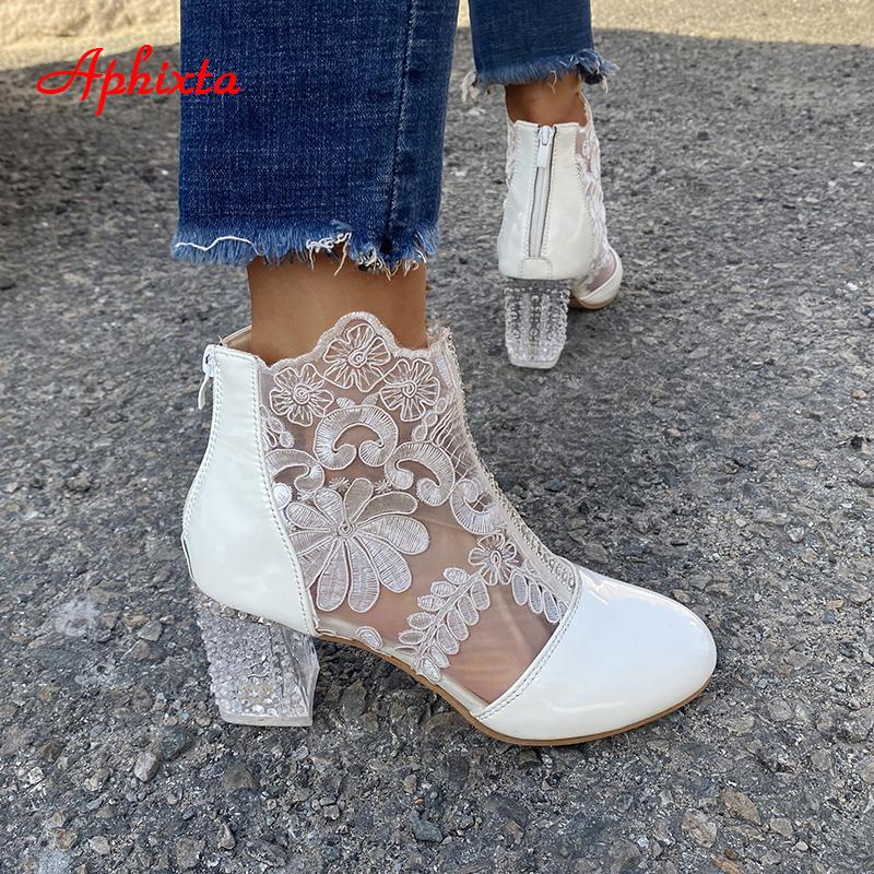 Fashion Aphixta Plus Size 43 Summer Breathable Sandals Boots Women Lace Air Mesh Crystals Transparent Square Heels Back Zipper Boots
