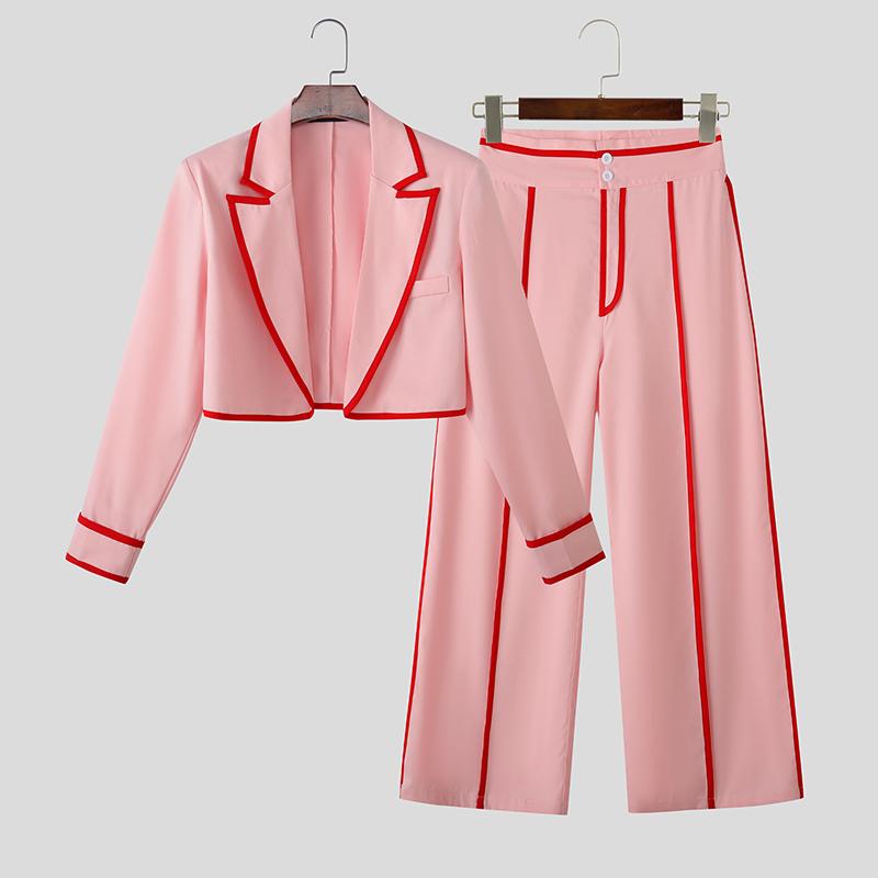 

INCERUN Men Outfits Stitching Long Sleeve Cropped Blazer and Long Pants Sets 3XL