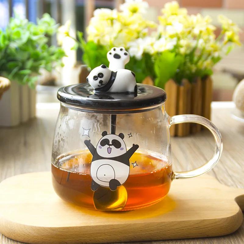 Cană de sticlă rezistentă la căldură creativă de 500 ml cu capac din sticlă borosilicată, cu desene animate de panda, cană de lapte pentru micul dejun și cafea pentru acasă