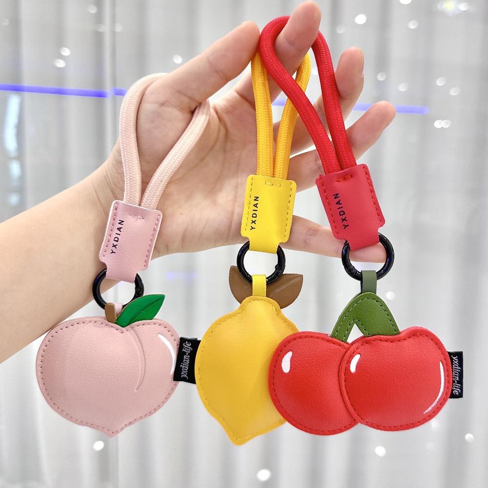Peach Cherry Keychain Cartoon Car Keyring Creative PU Leather Bag Pendant  Students