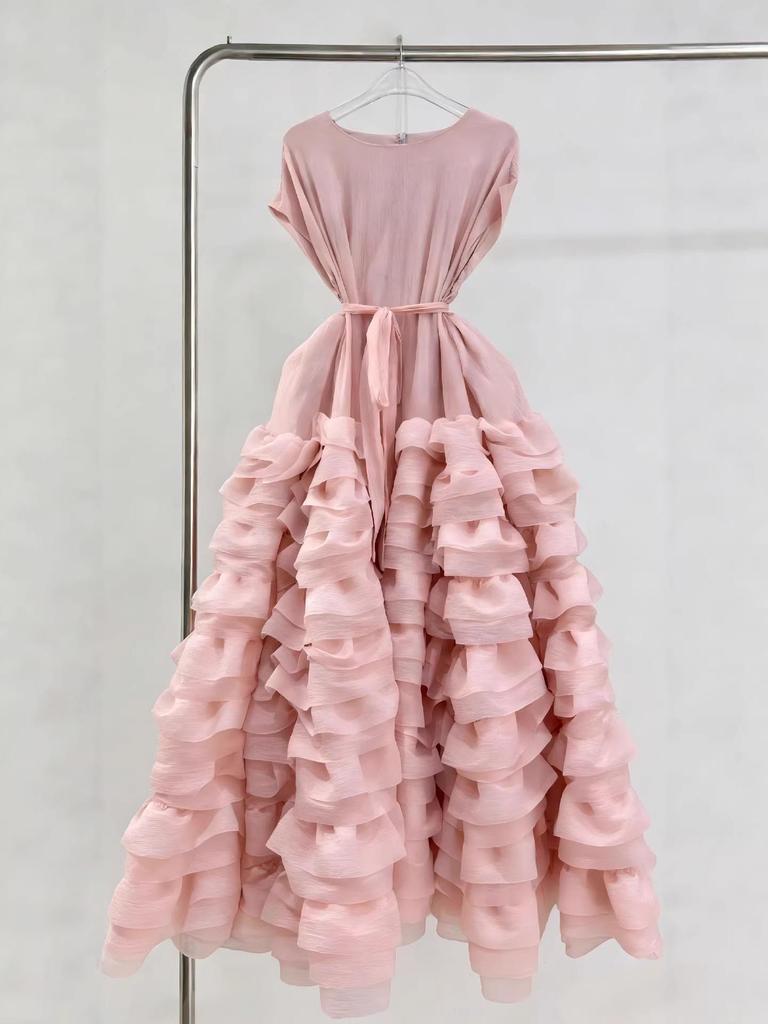 Elegant French Ruffle Waist-Cinching Patchwork Pleated Cake Skirt with Lace-Up Detail