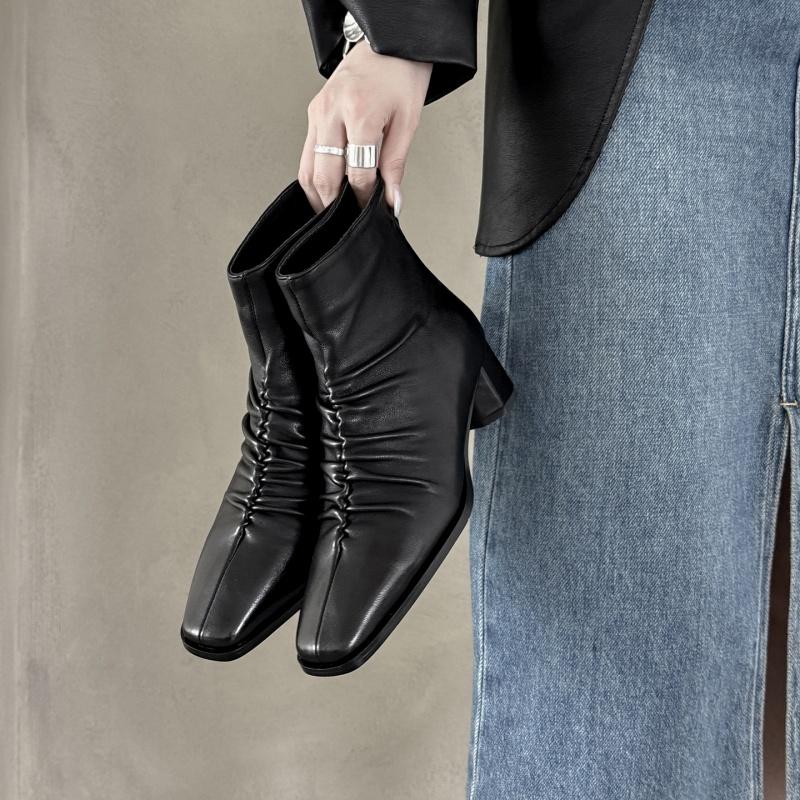 Fashion 2025 Winter Women Shoes Genuine Leather Women Boots Mid-calf Modern Boots Women Solid Med Heel Boots Ladies Shoes Pleated