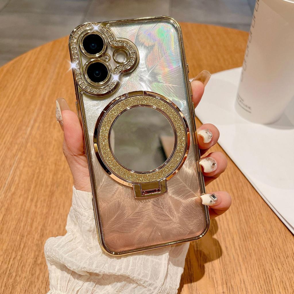 The Glass Mirror Surface Magnetic Stand Is Suitable for Iphone16 Phone Cases, Apple 15promax Luxurious Gradient Feather 14