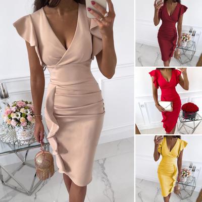 Bodycon Dress Sexy V Neck Solid Color Ruffles Short Sleeve Party Dress for Vacation