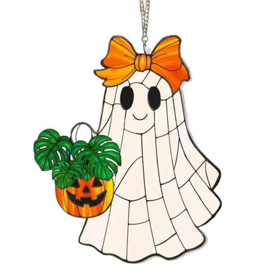 Cute Ghost Sun Catcher Ornament with Lanyard Easy to Hang Stained Glass Suncatcher Gothic Window Hanging Decoration