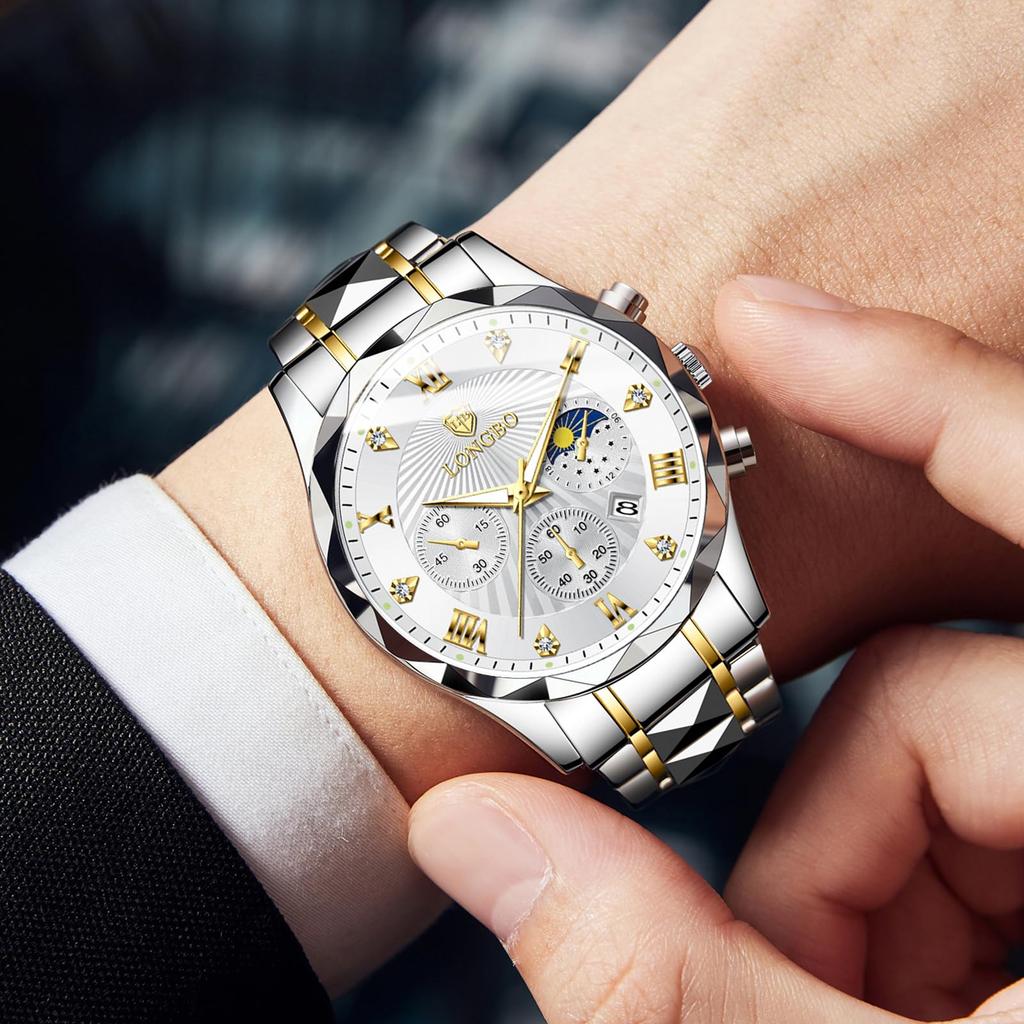 Stylish Men's Chronograph Watch, Business Watch, Quartz Movement, Stainless Steel Band, Sapphire Crystal, Waterproof, Luminous Hands, Blue Color. A