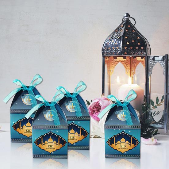 10Pcs Eid Gift Box with Ribbon Bow Candy Treats Goodies Chocolates Cookie Storage Box Festival Paper Party Favors Present Packing Box