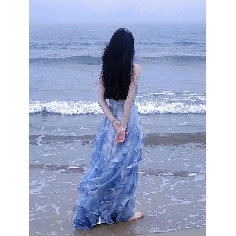 

YYFS женские модные летние весенние однотонные повседневные платья без рукавов с высокой талией и принтом XL синий