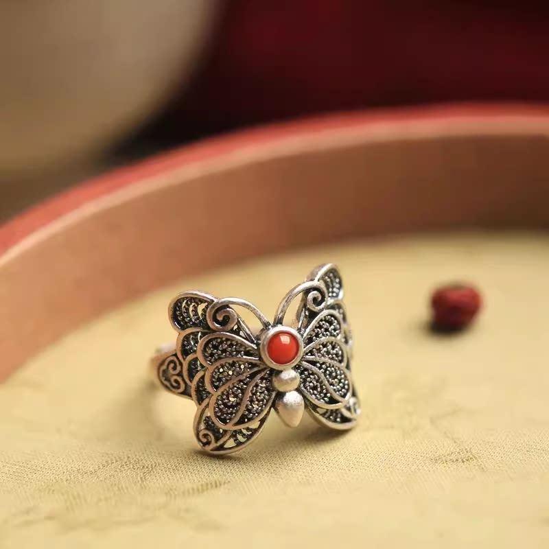 S925 sterling silver Nanhong butterfly ring retro style old Guochao cheongsam index finger ring women's fashion new adjustable