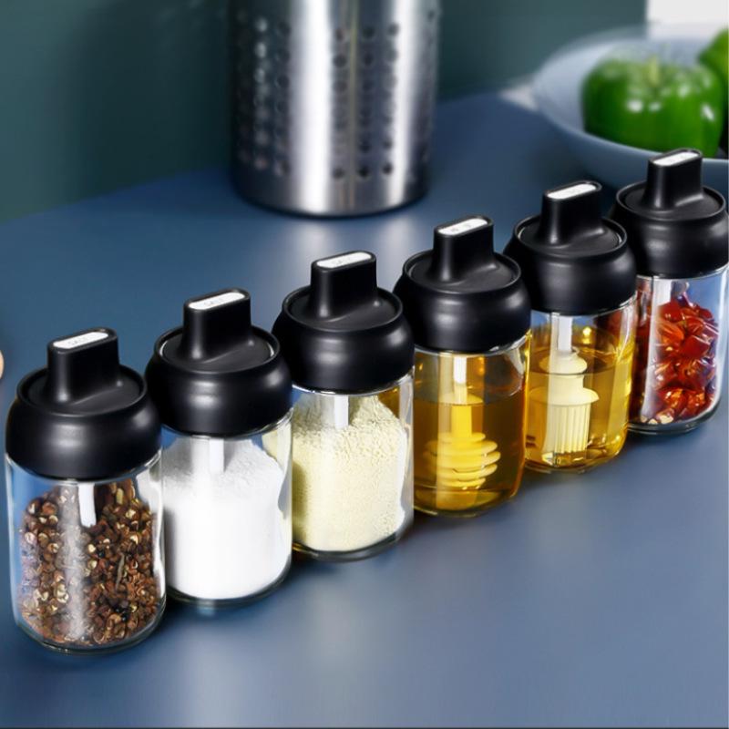Moisture-Proof Glass Seasoning Bottle Set with Spoon Lid and Oil Brush